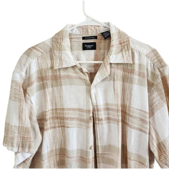 Haggar Men's Casual Tan and White Plaid Button Down Shirt Size Large - Picture 3 of 7
